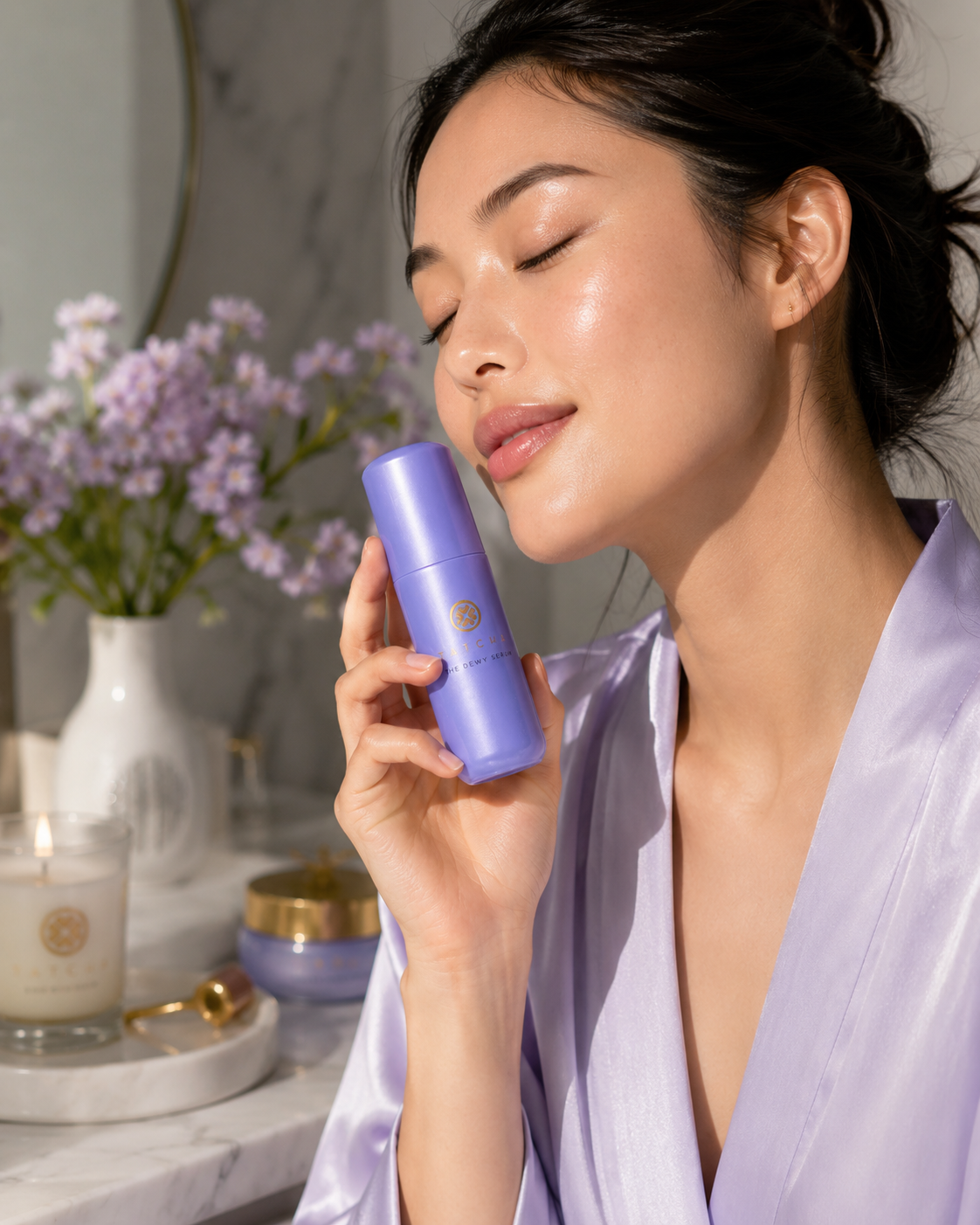 Skincare creator presenting a dewy beauty product