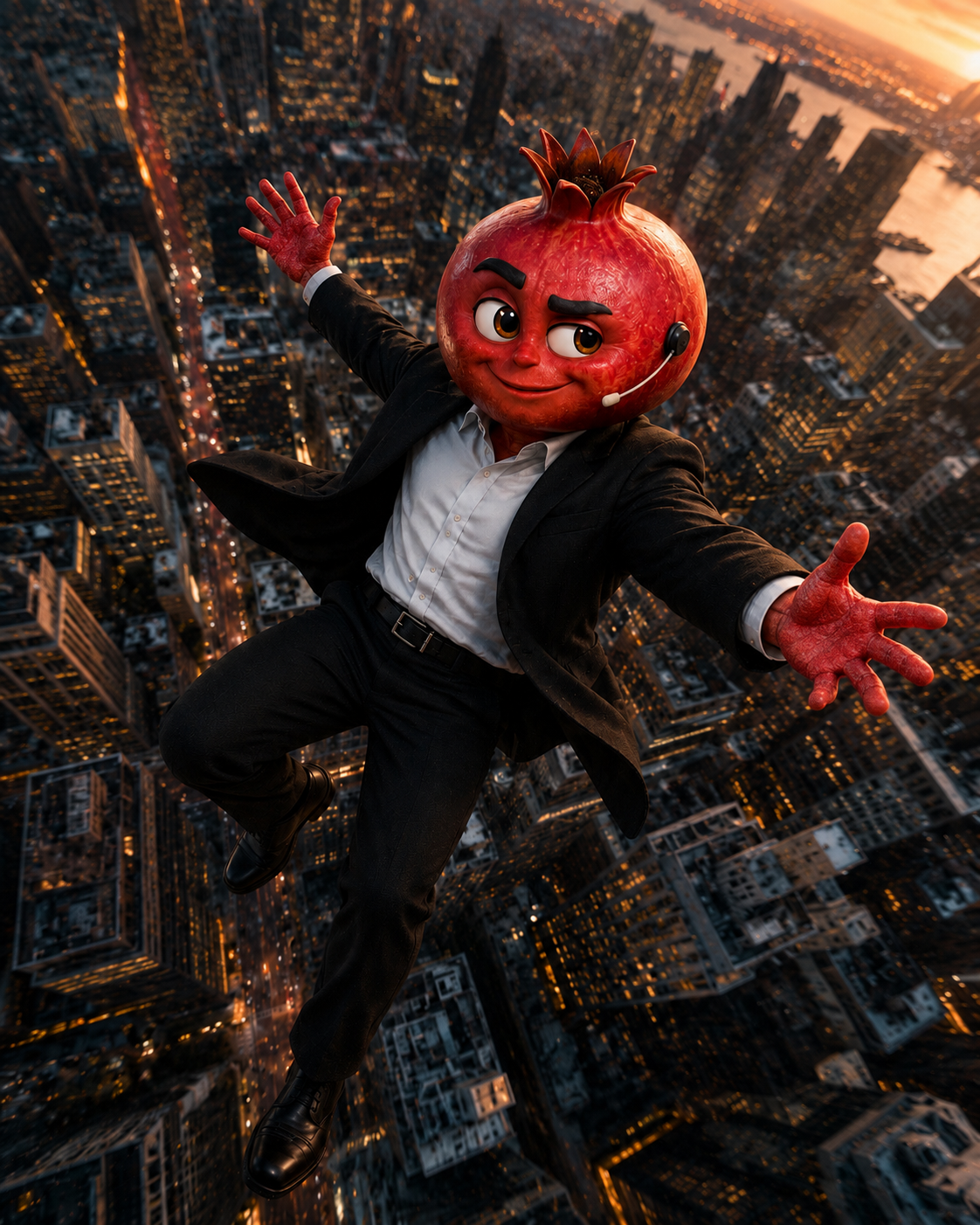 Pomegranate character above a city in a cinematic trend visual